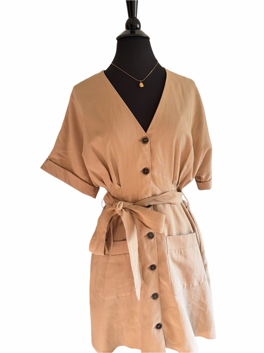 Zara Light Tan Minimal belted shirt dress minidress Size L
